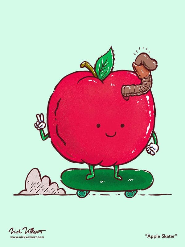 Apple Skater | Nick Volkert A skateboarding apple has a little worm friend along for the ride, popping out of his head.