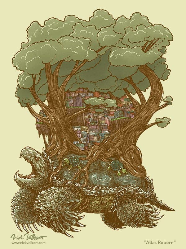 Atlas Reborn | Nick Volkert A very large snapping turtle carries a forest city on its back through the water.
