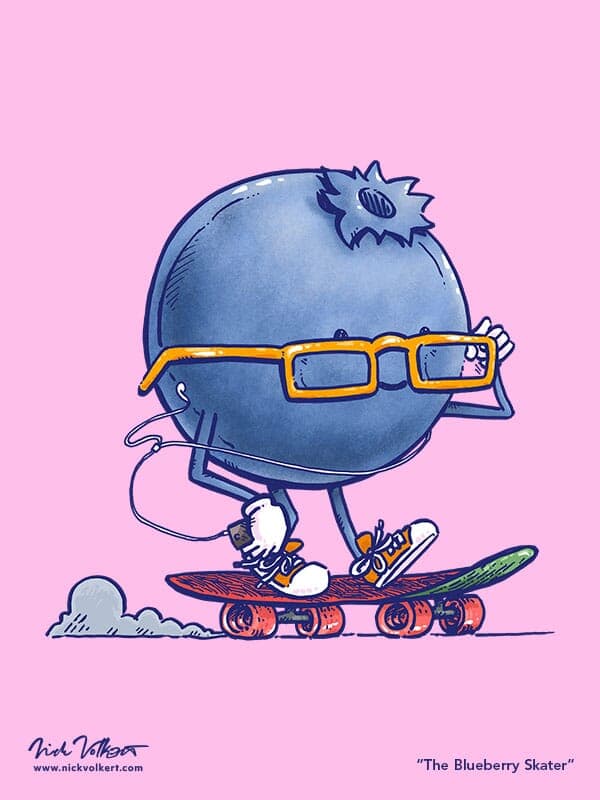 The Blueberry Skater | Nick Volkert A blueberry is on a skateboard skating by, while its headphones wires whip in the wind.