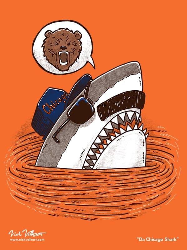 Da Chicago Shark | Nick Volkert A great white shark peeks out of the water in Lake Michigan with a mustache, hat, and sunglasses.