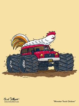Monster Truck Chicken | Nick Volkert A chicken is at the wheel of a monster truck with a chicken mascot on the hood.