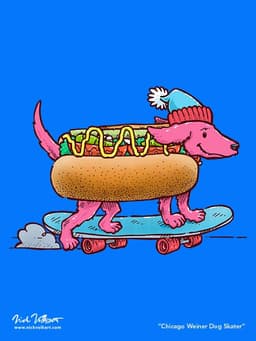Chicago Wiener Dog Skater | Nick Volkert A dachshund in a chicago dog style hot dog costume zooms by on top of a skateboard!