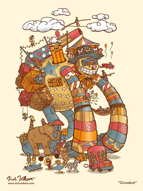 #11 Circusbot | Nick Volkert A large robot surrounded by circus performers, clouds, balloons, animals, and clowns