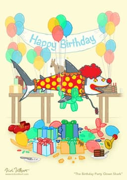 The Birthday Party Clown Shark | Nick Volkert A shark is dressed as a clown at a kid's birthday party complete with balloon animals, but appears to have eaten some of the cake and presents.