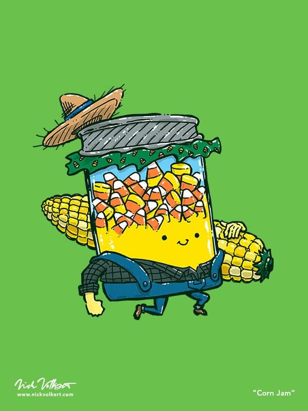 Corn Jam | Nick Volkert A jar full of candy corn trots by while carrying a large ear of actual corn, while wearing bib overalls and a straw hat!