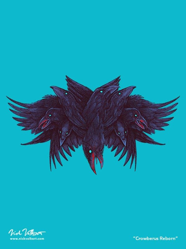 Crowberus Reborn | Nick Volkert A crow with multiple heads and wings is covered in blood.