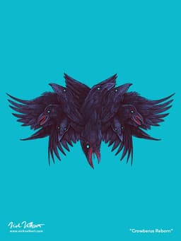 Crowberus Reborn | Nick Volkert A crow with multiple heads and wings is covered in blood.
