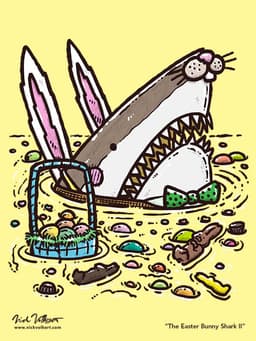 Easter Bunny Shark II | Nick Volkert A shark peeks out of the water dressed as the Easter Bunny with various jelly beans, chocolate bunnies, and eggs floating around him.