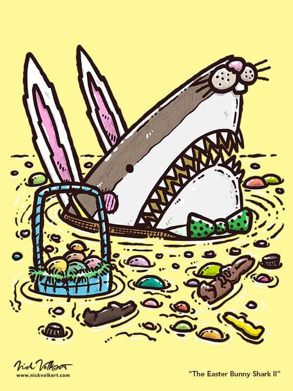 Easter Bunny Shark II | Nick Volkert A shark peeks out of the water dressed as the Easter Bunny with various jelly beans, chocolate bunnies, and eggs floating around him.
