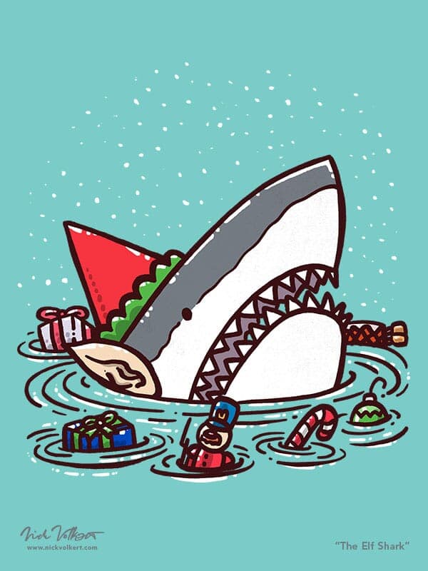 The Elf Shark | Nick Volkert A shark dressed as an elf is surrounded by toys.
