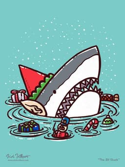 The Elf Shark | Nick Volkert A shark dressed as an elf is surrounded by toys.