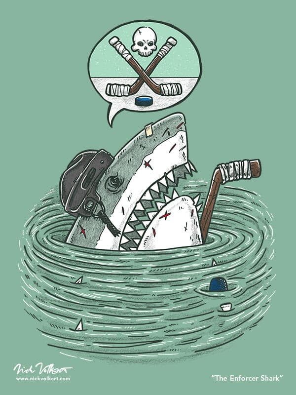 The Enforcer Shark | Nick Volkert A great white shark peeks out of the water all beat up from being a hockey goon.