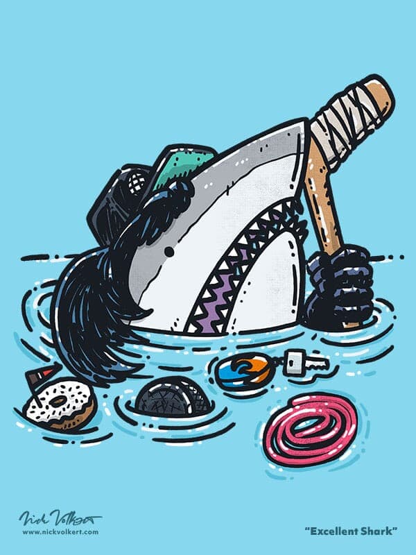 Excellent Shark | Nick Volkert A shark peeks out of the water with a black trucker hat over a mullet, hockey stick and rope licorice.