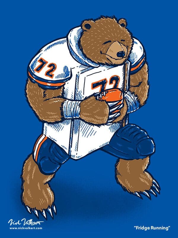 Fridge Running | Nick Volkert A grizzly bear running with a football and a white Chicago Bears jersey with the number 72.
