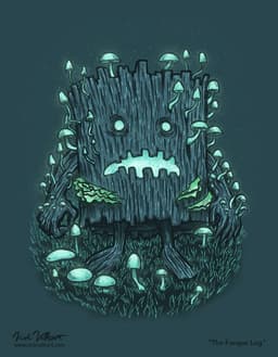 The Fungus Log | Nick Volkert A log with a face is in a trance, possessed by fungus and mushrooms.