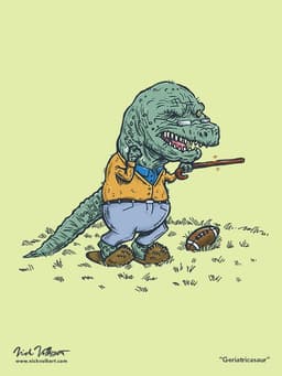 Geriatricasaur | Nick Volkert An old dinosaur is scolding younger dinosaurs with his outreached cane.