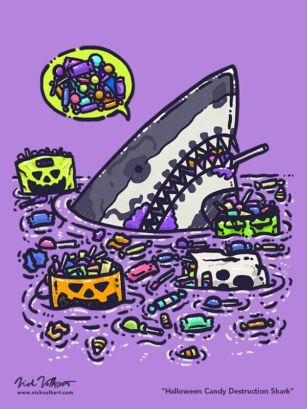 Halloween Candy Destruction Shark | Nick Volkert A shark peeks out of the water wearing facepaint as a skull, surrounded by scores of Halloween candy.