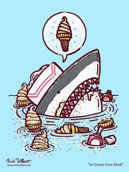 Ice Cream Cone Shark | Nick Volkert A shark peaks out of the water dressed as an ice cream man, surrounded by an assortment of ice cream cones in the water and sprinkles.