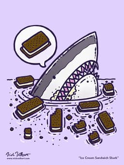 Ice Cream Sandwich Shark | Nick Volkert A sharks peaks out of the water with ice cream on its face, surrounded by floating half-eaten ice cream sandwiches.