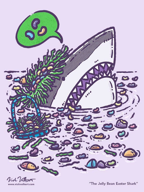 The Jelly Bean Easter Shark | Nick Volkert A shark peeks out of the water wearing basket grass from an Easter basket and is surrounded by jelly beans.