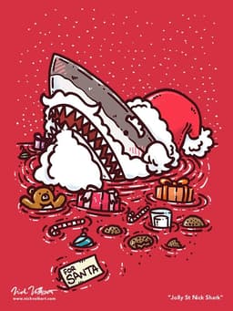 Jolly St Nick Shark | Nick Volkert A shark peeks out of the water, surrounded by an assortment of cookies and gifts, dressed as Jolly St Nick!