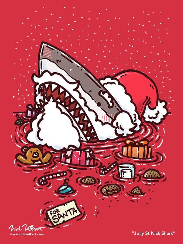 Jolly St Nick Shark | Nick Volkert A shark peeks out of the water, surrounded by an assortment of cookies and gifts, dressed as Jolly St Nick!
