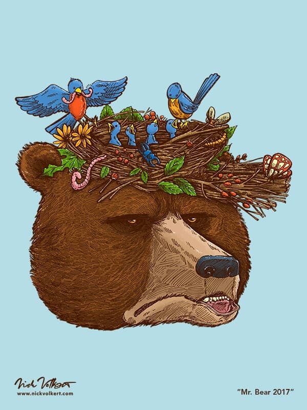 Mr. Bear 2017 | Nick Volkert A bear is annoyed while wearing a hat that is also a bird's nest.