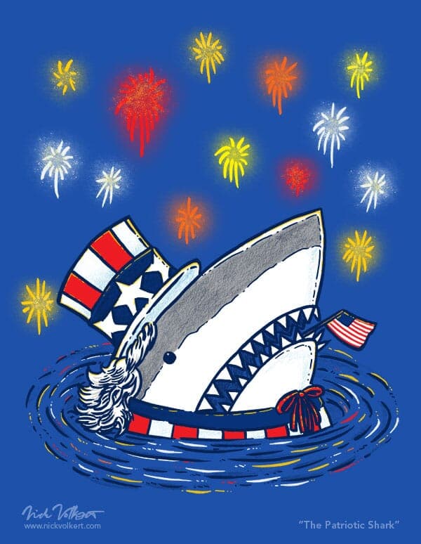 The Patriotic Shark | Nick Volkert A shark pops out of the water dressed as Uncle Sam, with fireworks going off in the background.
