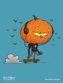 The Skater Pumpkin | Nick Volkert A skater with a jack o'lantern for a head zips by the viewer.