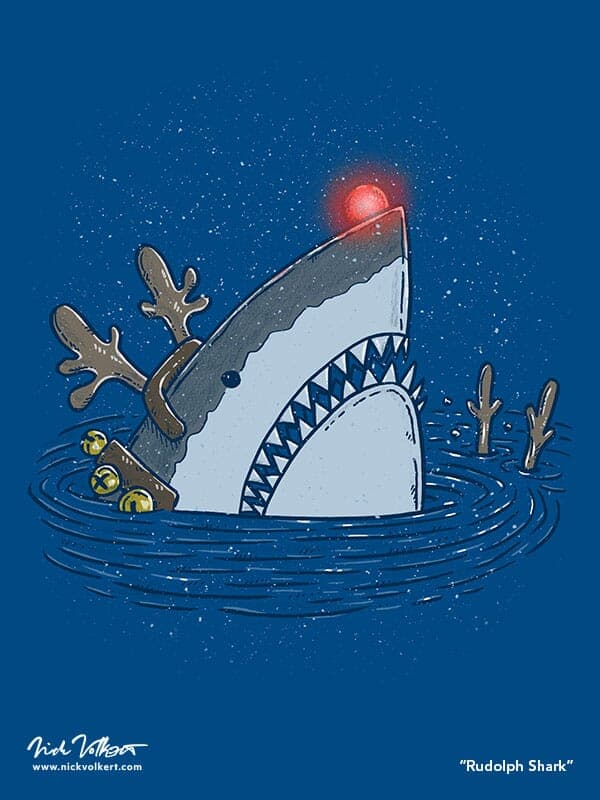 Rudolph Shark | Nick Volkert A shark with reindeer antlers and a red nose peeks out of the water during a snowfall.