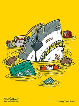 Safety Third Shark | Nick Volkert A shark floating in water with an eye patch and clear disregard for safety