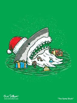 Santa Shark | Nick Volkert A shark dressed like Santa Claus emerges from the water with presents and candy.