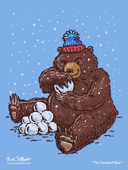 The Snowball Bear | Nick Volkert A large bear in a red and blue stocking cap is packing up snowballs for a snowball fight!