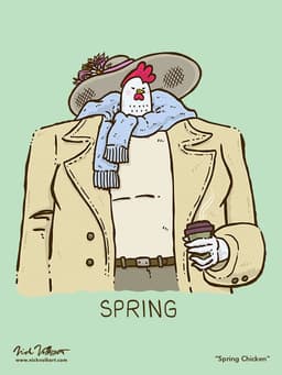 Spring Chicken | Nick Volkert A lady chicken in a sweet derby hat holds her coffee.