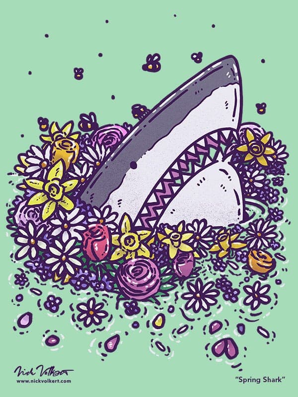 Spring Shark | Nick Volkert A shark pops up out of the water into a bouquet of spring flowers and a few bees.