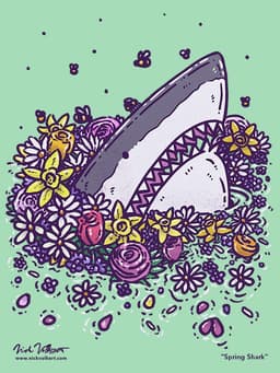 Spring Shark | Nick Volkert A shark pops up out of the water into a bouquet of spring flowers and a few bees.