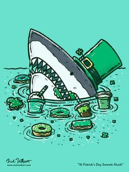 St Patrick's Day Sweets Shark | Nick Volkert A shark dressed in festive St Patrick's Day attire enjoys donuts, sweets and festive drinks to celebrate the holiday.
