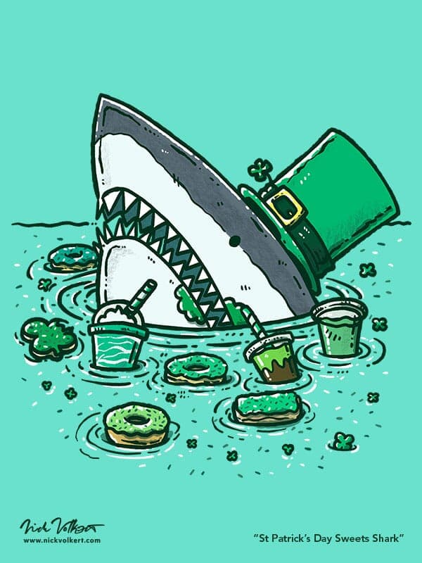 St Patrick's Day Sweets Shark | Nick Volkert A shark dressed in festive St Patrick's Day attire enjoys donuts, sweets and festive drinks to celebrate the holiday.