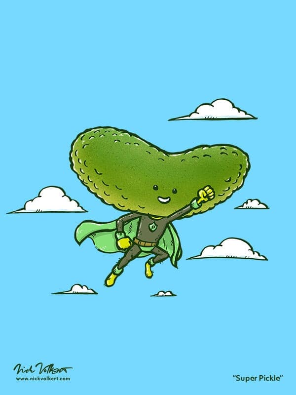 Super Pickle | Nick Volkert A super hero pickle flies through the sky.