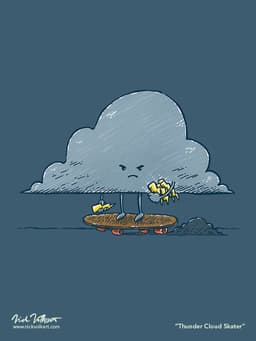 Thunder Cloud Skater | Nick Volkert An angry cloud is ready to storm, riding a skateboard, and has an arm full of lightning bolts