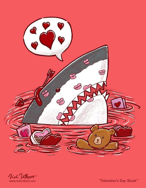 Valentine's Day Shark | Nick Volkert A shark peeks out of the water covered in kisses and wearing an arrow through its head headpiece.