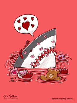 Valentine's Day Shark | Nick Volkert A shark peeks out of the water covered in kisses and wearing an arrow through its head headpiece.