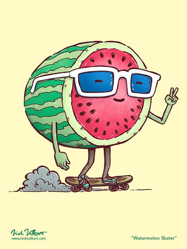 Watermelon Skater | Nick Volkert A watermelon wearing sunglasses rides a skateboard while giving the 'peace' sign.