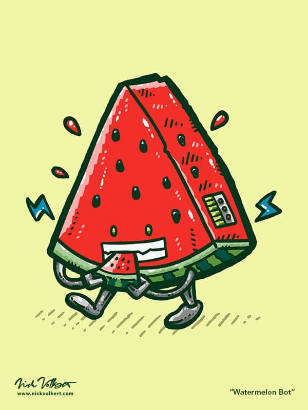 Watermelon Bot | Nick Volkert A cute watermelon robot walks by on its robotic legs while its robotic arms hold and eat a tasty slice of an actual watermelon!