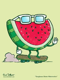 Sunglasses Skater Watermelon | Nick Volkert A happy quarter of a watermelon skates by with some white sunglasses.