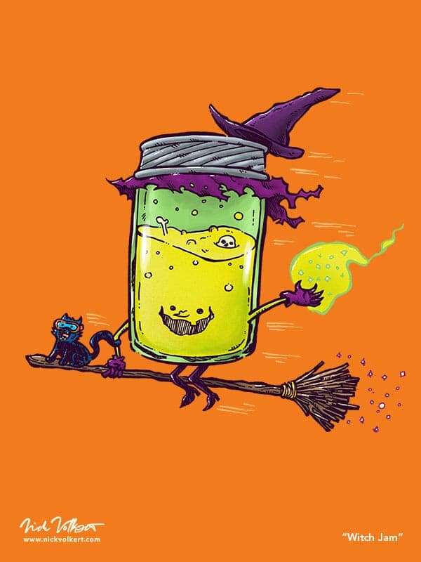 Witch Jam | Nick Volkert A jar that looks like a witch flies by with her cat on her broom.