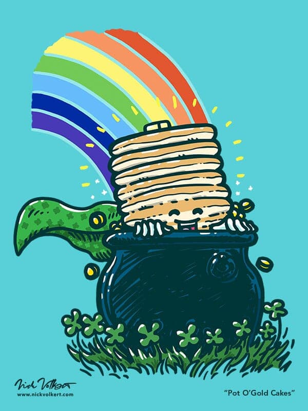Pot O'Gold Cakes | Nick Volkert Captain Pancake is peeking out of a pot of gold with a rainbow in the background landing on the pot.