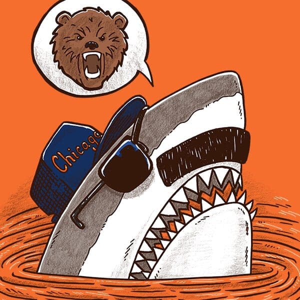 Da Chicago Shark | Nick Volkert A great white shark peeks out of the water in Lake Michigan with a mustache, hat, and sunglasses.