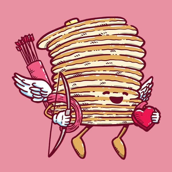 Cupid Cakes | Nick Volkert Captain Pancake is dressed like a cherub and is holding a bow and arrow and a box of chocolates in the shape of a heart
