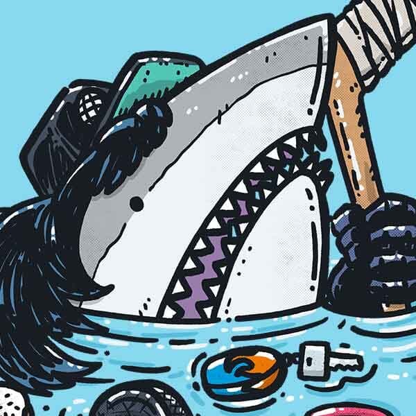 Excellent Shark | Nick Volkert A shark peeks out of the water with a black trucker hat over a mullet, hockey stick and rope licorice.